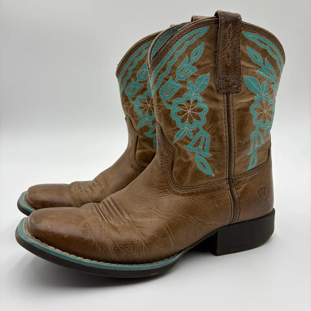 Ariat Kids Fatbaby Heritage Western Boots Size 1 Brown Turquoise Leather